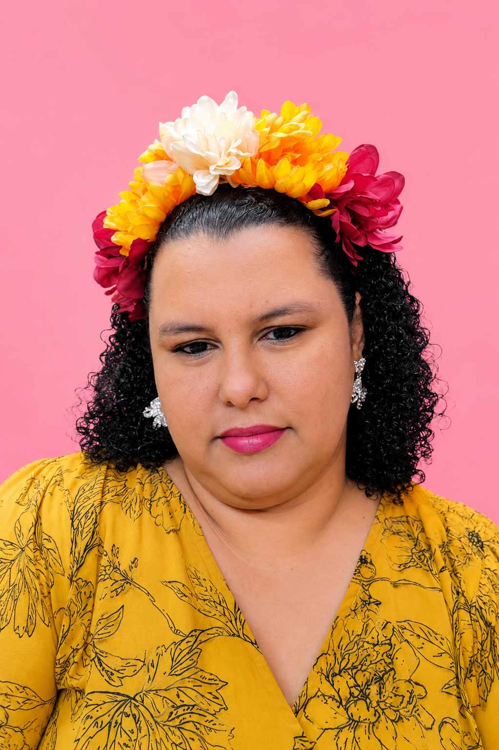 mujer cin el cabello rizado y con una diadema de flores